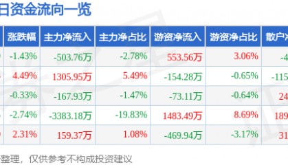 股票行情快报:仁智股份(002629)7月4日主力资金净卖出503.76万元