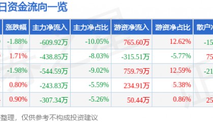 股票行情快报:沙河股份(000014)3月7日主力资金净卖出609.92万元