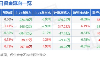 股票行情快报:通宝能源(600780)4月22日主力资金净卖出224.20万元