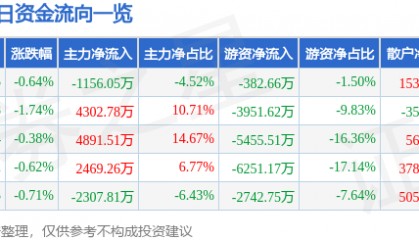 股票行情快报:华鲁恒升(600426)1月9日主力资金净卖出1156.05万元
