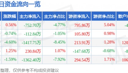 股票行情快报:云南旅游(002059)4月22日主力资金净卖出752.70万元
