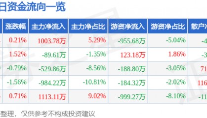 股票行情快报:时代新材(600458)3月21日主力资金净买入1003.78万元