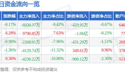 股票行情快报:中科电气(300035)8月12日主力资金净卖出6030.37万元
