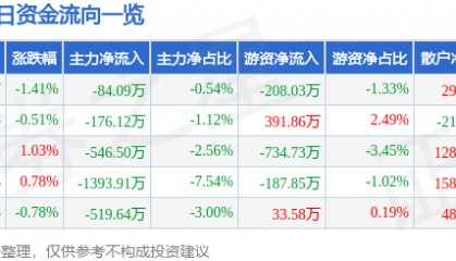 股票行情快报:江苏国泰(002091)12月4日主力资金净卖出84.09万元