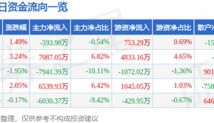 股票行情快报:中科电气(300035)8月18日主力资金净卖出593.98万元