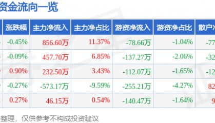 股票行情快报:桂发祥(002820)7月23日主力资金净买入856.60万元