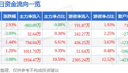 股票行情快报:时代新材(600458)2月19日主力资金净卖出903.09万元