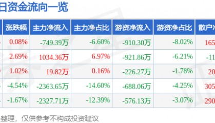 股票行情快报:东安动力(600178)3月5日主力资金净卖出749.39万元