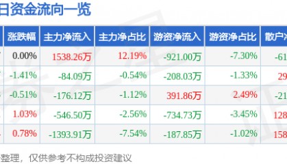 股票行情快报:江苏国泰(002091)12月5日主力资金净买入1538.26万元