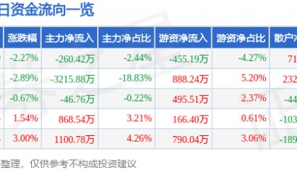 股票行情快报:云南旅游(002059)3月28日主力资金净卖出260.42万元