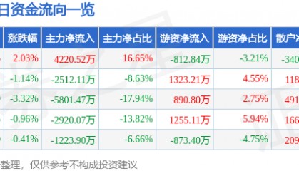 股票行情快报:建投能源(000600)7月1日主力资金净买入4220.52万元