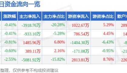 股票行情快报:中金岭南(000060)12月19日主力资金净卖出3918.76万元