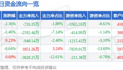 股票行情快报:华鲁恒升(600426)1月2日主力资金净卖出735.35万元