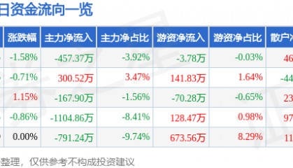 股票行情快报:恒源煤电(600971)8月27日主力资金净卖出457.37万元