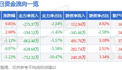 股票行情快报:时代新材(600458)4月10日主力资金净卖出275.37万元