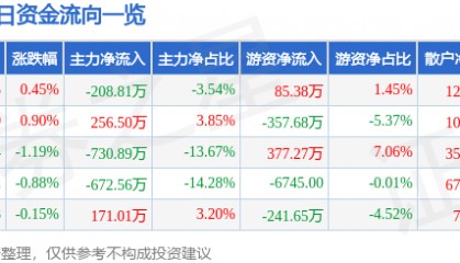 股票行情快报:恒源煤电(600971)9月5日主力资金净卖出208.81万元