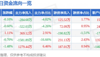 股票行情快报:南网储能(600995)6月9日主力资金净卖出284.68万元