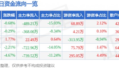 股票行情快报:沙河股份(000014)1月9日主力资金净卖出489.21万元
