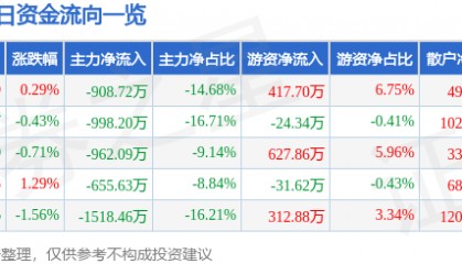 股票行情快报:恒源煤电(600971)8月20日主力资金净卖出908.72万元