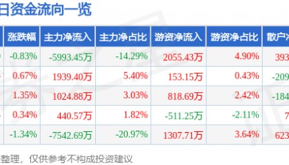 股票行情快报:湖北广电(000665)8月25日主力资金净卖出5993.45万元
