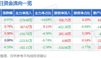 股票行情快报:云南旅游(002059)5月21日主力资金净卖出579.68万元