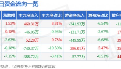 股票行情快报:沙河股份(000014)12月27日主力资金净买入460.31万元