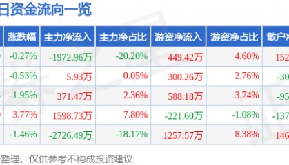 股票行情快报:仁智股份(002629)8月13日主力资金净卖出1972.96万元