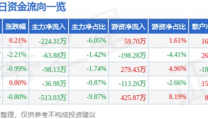 股票行情快报:海翔药业(002099)2月19日主力资金净卖出224.31万元