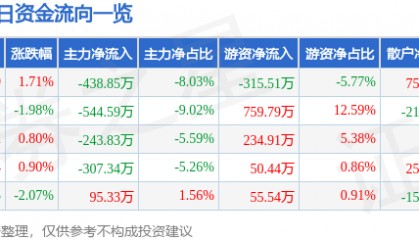 股票行情快报:沙河股份(000014)3月6日主力资金净卖出438.85万元