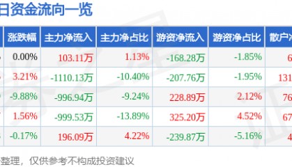 股票行情快报:通宝能源(600780)4月9日主力资金净买入103.11万元