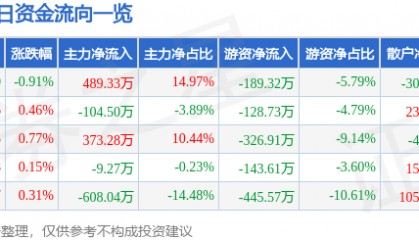 股票行情快报:金陵药业(000919)1月21日主力资金净买入489.33万元