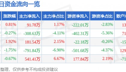 股票行情快报:江苏国泰(002091)12月26日主力资金净买入91.78万元