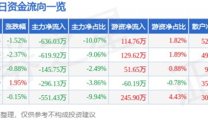 股票行情快报:金陵药业(000919)1月2日主力资金净卖出636.03万元