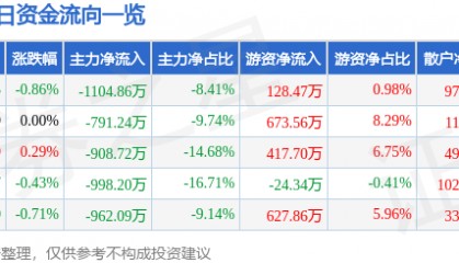股票行情快报:恒源煤电(600971)8月22日主力资金净卖出1104.86万元