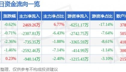 股票行情快报:华鲁恒升(600426)1月6日主力资金净买入2469.26万元