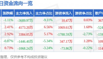 股票行情快报:露笑科技(002617)12月12日主力资金净卖出3689.97万元