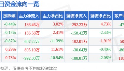 股票行情快报:恒源煤电(600971)9月29日主力资金净买入186.46万元