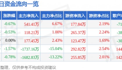 股票行情快报:江苏国泰(002091)12月20日主力资金净买入541.41万元