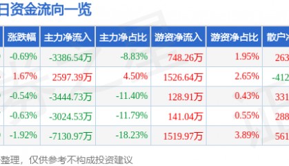 股票行情快报:高新发展(000628)3月13日主力资金净卖出3386.54万元