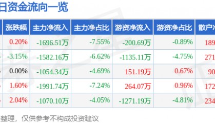 股票行情快报:太极股份(002368)12月24日主力资金净卖出1696.51万元