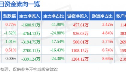 股票行情快报:实达集团(600734)8月11日主力资金净卖出1600.91万元
