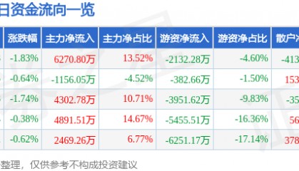股票行情快报:华鲁恒升(600426)1月10日主力资金净买入6270.80万元
