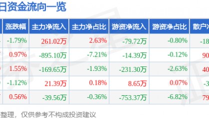 股票行情快报:金陵药业(000919)12月13日主力资金净买入261.02万元