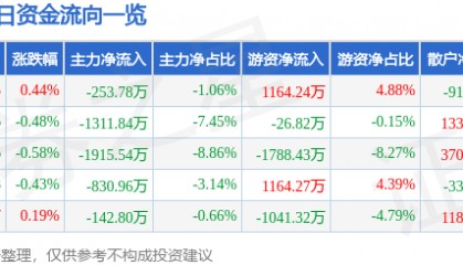 股票行情快报:华鲁恒升(600426)1月23日主力资金净卖出253.78万元