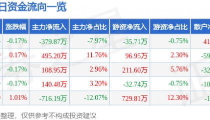 股票行情快报:通宝能源(600780)6月10日主力资金净卖出379.87万元