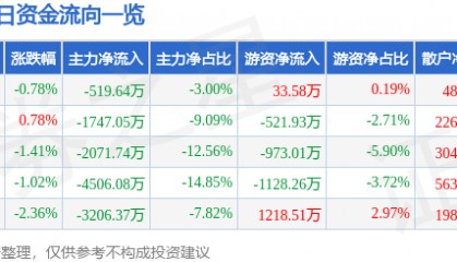 股票行情快报:江苏国泰(002091)11月28日主力资金净卖出519.64万元