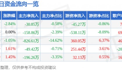 股票行情快报:开尔新材(300234)8月14日主力资金净卖出30.85万元