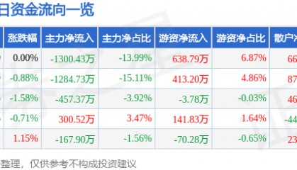 股票行情快报:恒源煤电(600971)8月29日主力资金净卖出1300.43万元