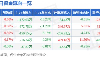 股票行情快报:通宝能源(600780)5月21日主力资金净卖出1172.03万元