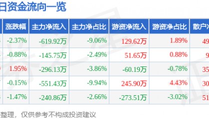 股票行情快报:金陵药业(000919)12月31日主力资金净卖出619.92万元